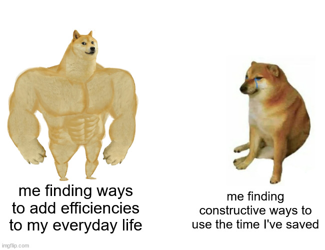 Buff Doge vs. Cheems meme. Under the buff doge is the caption "me finding ways to add efficiencies to my everyday life". Under the Cheems is the caption "me finding constructive ways to use the time I've saved"